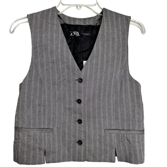 Zara Herringbone V-Neck Gray Striped Button-Front Vest Size Small‎ - Picture 2 of 9